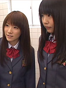 Japanese schoolgirls fight over some guys semen shots and swap cum